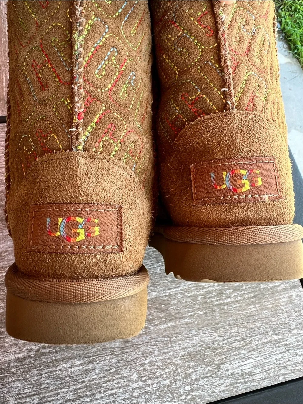 UGG Kids Classic Boots | Rainbow Embroidered | Chestnut Suede | Size 10T